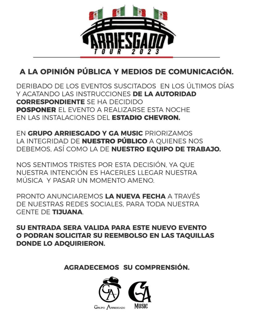 Grupo Arriesgado suspende concierto en Tijuana por amenazas del CJNG