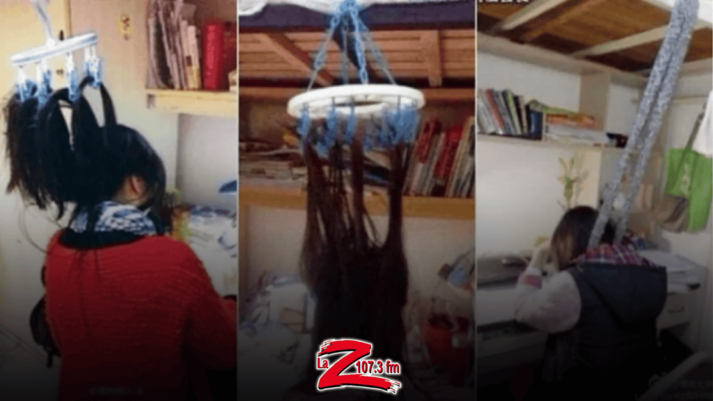 Atan su pelo al techo para no dormirse cuando estudian