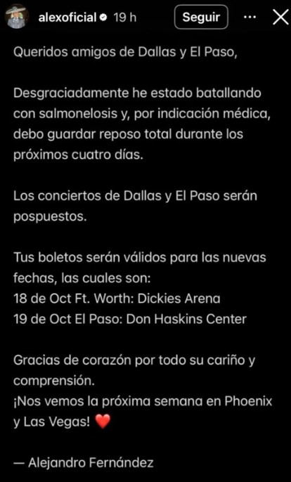 Alejandro Fernández pospone shows por problemas de salud