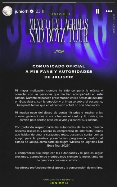 Junior H rompe el silencio tras el escándalo en Jalisco: ofrece disculpas y suplica otra oportunidad