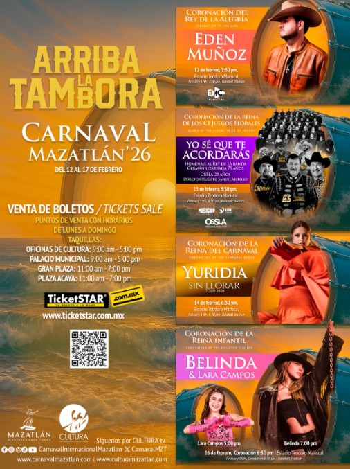 El Carnaval de Mazatlán 2026 tendrá como invitados a Edén Muñoz, Belinda, Yuridia y muchos más